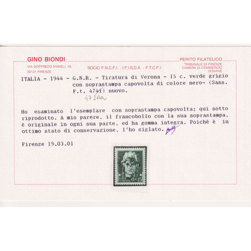 R.S.I 1944 15 CENTESIMI ERRORE DI COLORE N.472Aa G.I MNH** CERT.  |...