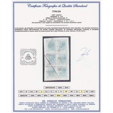 1867 V.E.II 20 c. AZZURRO L26 LONDRA QUARTINA + COPPIA CERTIFICATO ...