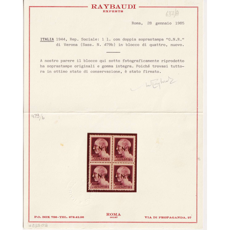 R.S.I 1944 QUARTINA 1 LIRA VERONA DOPPIA SOPRASTAMPA G.I MNH** CERT...