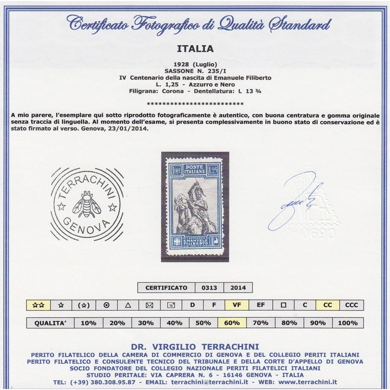 1928 EMANUELE FILIBERTO 1,25 L. L13 3/4 n235/I CERTIFICATO G.I. MNH...