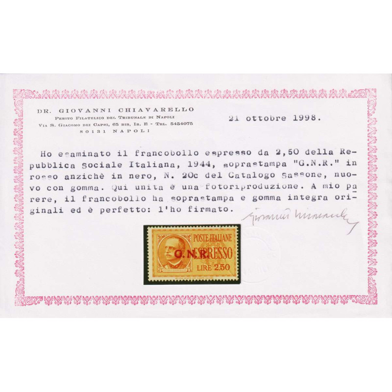 R.S.I 1944 ESPRESSO 2,50 L. ERRORE COLORE N.20A G.I MNH** CERT.  | ...