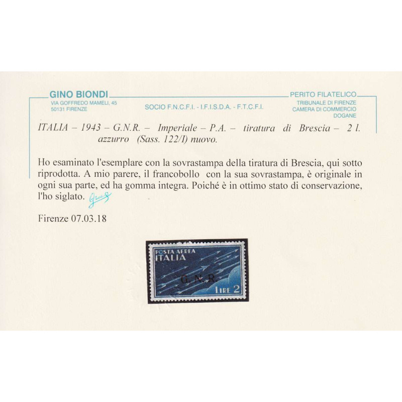 R.S.I 1944 P/A G.N.R BRESCIA ESPRESSO 2 LIRE N.122/I G.I MNH** CERT...