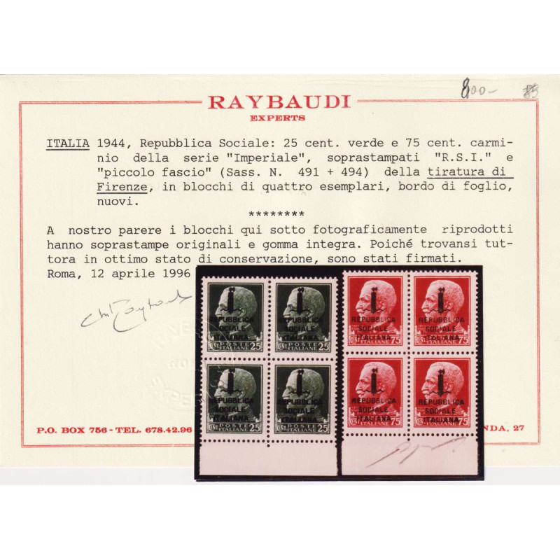 R.S.I. 1944 IMPERIALE QUARTINE 25 E 75 c. FIRENZE I TAVOLA G.I MNH*...