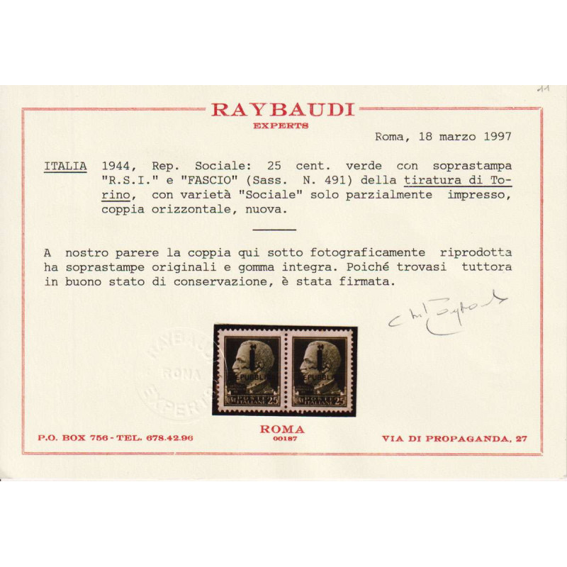 R.S.I. 1944 IMPERIALE COPPIA 25 C. TIR. TORINO CON VARIETA' G.I MNH...