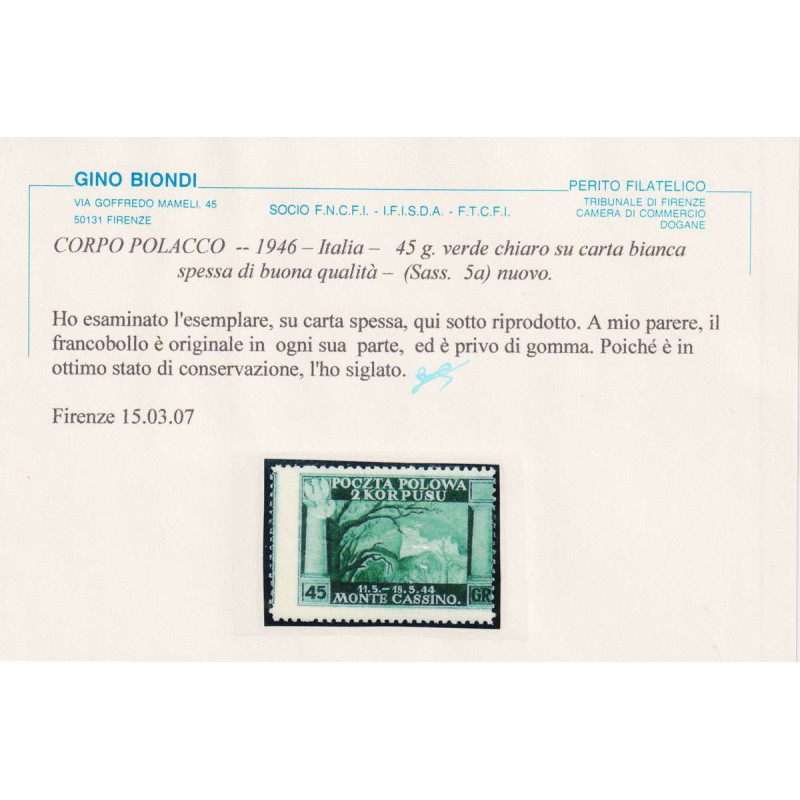 CORPO POLACCO 1946 VITTORIE POLACCHE 45 g. VERDE CHIARO N.5a S.G CE...