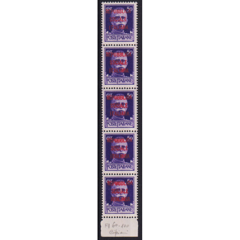 R.S.I. 1944 IMPERIALE STRISCIA 50 C. TIR. FIRENZE 5 VALORI G.I MNH*...