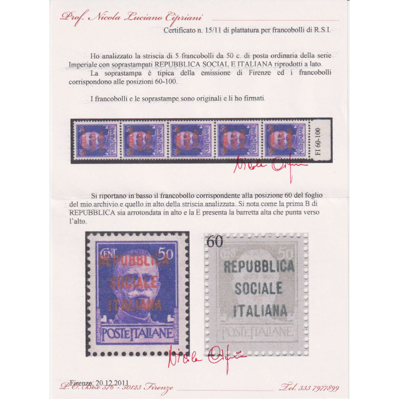 R.S.I. 1944 IMPERIALE STRISCIA 50 C. TIR. FIRENZE 5 VALORI G.I MNH*...