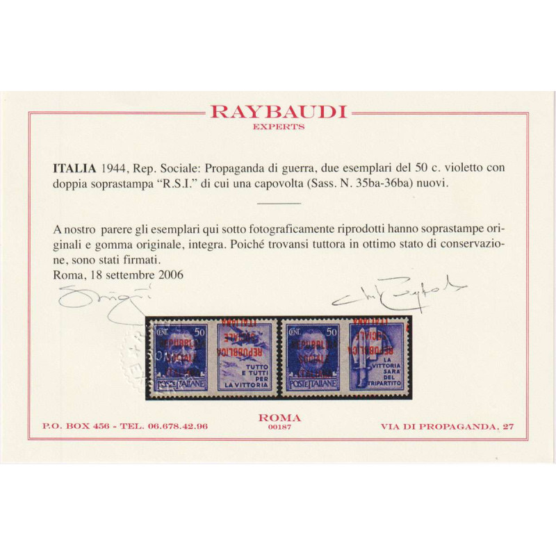 R.S.I. 1944 PROPAGANDA 50 C. 2 V. VARIETA' N.35bac-36bac G.I MNH** ...