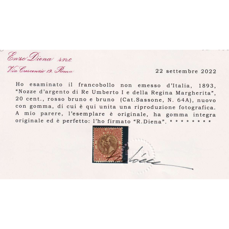 REGNO 1893 NOZZE UMBERTO I 20 C. ROSSO N.64A G.I MNH** CERT.  | Fil...