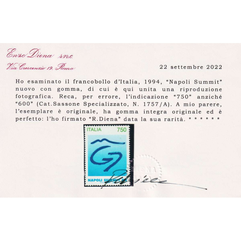 REPUBBLICA 1994 NAPOLI SUMMIT G7 N.1757/A G.I MNH** CERT.  | Filate...