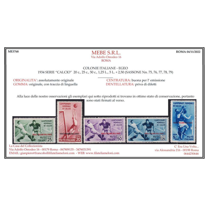 COLONIE EGEO 1934 CALCIO 9 V. G.O. MH* P/A G.I MNH** CERT.  | Filat...