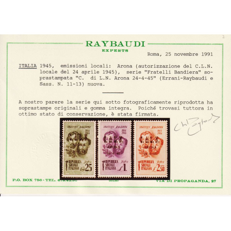 C.L.N. ARIANO POLESINE 1945 FRATELLI BANDIERA 3 V. G.I MNH** CERT. ...