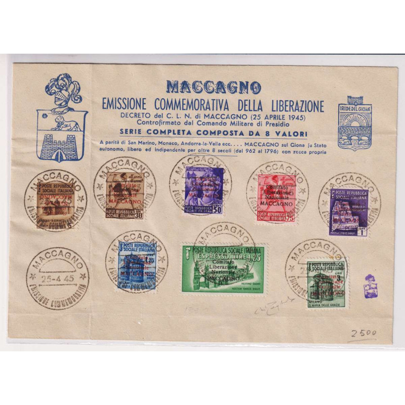 C.L.N. MACCAGNO 1945 MONUMENTI DISTRUTTI 8 V. USATI SU BUSTA CERT. ...