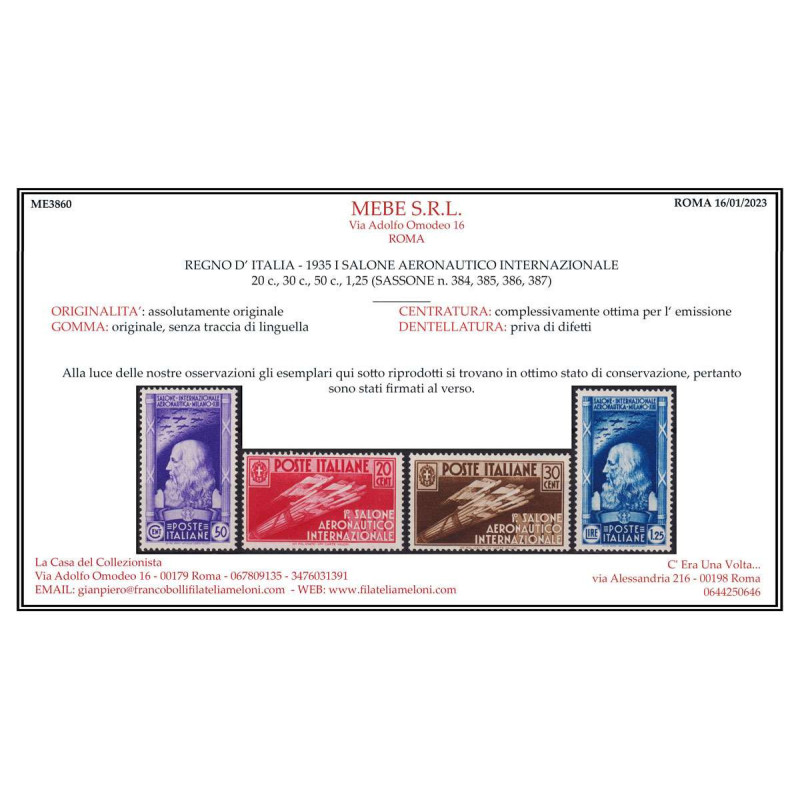 REGNO D' ITALIA 1935 SALONE AERONAUTICO 4 VALOR G.I. MNH** CERT.  |...