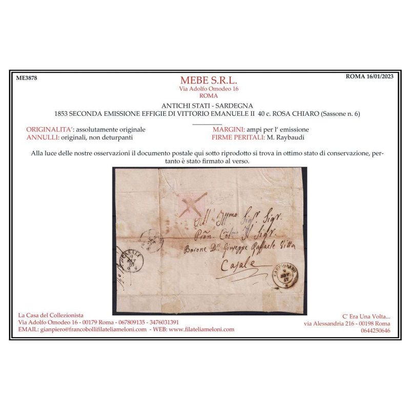 SARDEGNA 1853 40 CENTESIMI N.6 USATO SU BUSTA AMPI MARGINI CERT.  |...