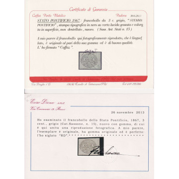 STATO PONTIFICIO 1867 3 CENTESIMI GRIGIO N.15 G.O MH* CERT.  | Fila...