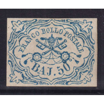 STATO PONTIFICIO 1852 50 BAJOCCHI AZZURRO N.10 G.O MLH* 2 CERTIFICA...