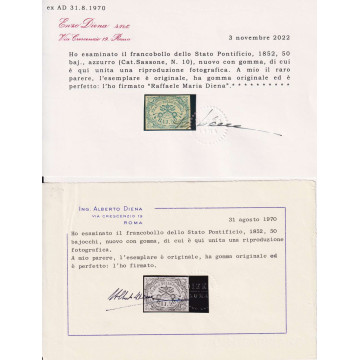 STATO PONTIFICIO 1852 50 BAJOCCHI AZZURRO N.10 G.O MLH* 2 CERTIFICA...