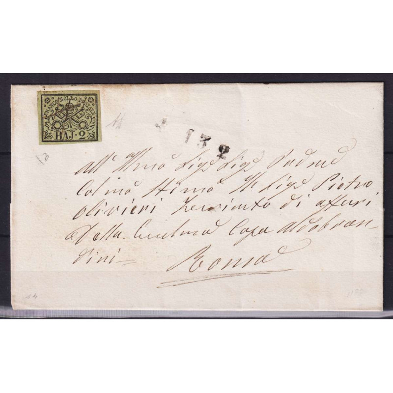 STATO PONTIFICIO 1852 2 BAJOCCHI VERDE OLIVA N.3 ANN. A PENNA SU BU...