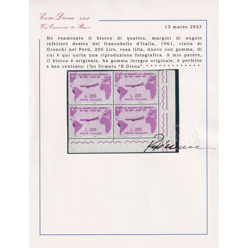 REPUBBLICA 1961 QUARTINA GRONCHI ROSA G.I MNH** CERT. ANGOLO FOGLIO...