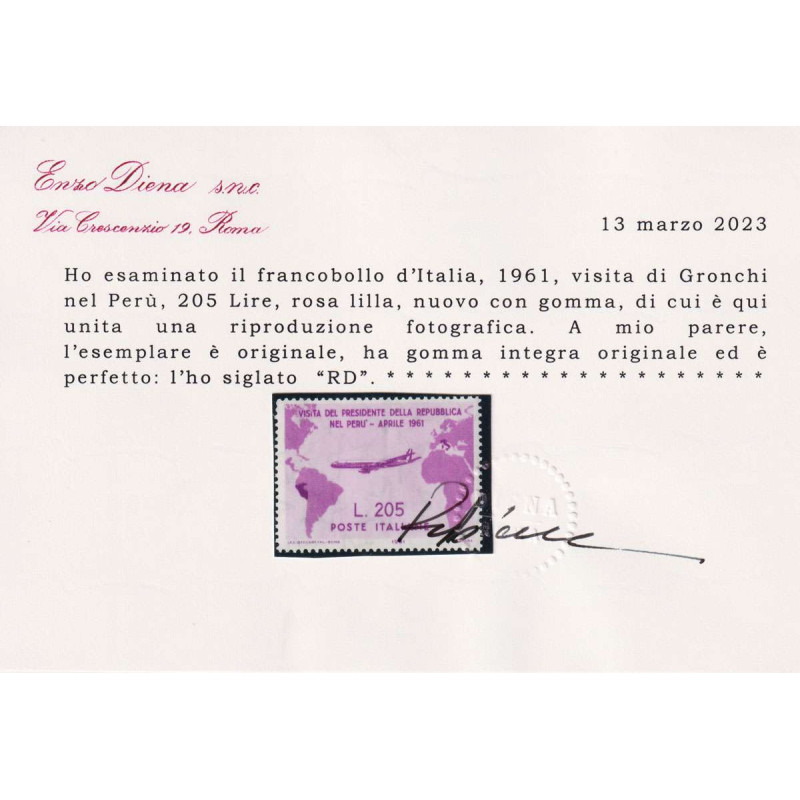 REPUBBLICA 1961 GRONCHI ROSA 205 LIRE G.I MNH** CERT.  | Filatelia ...