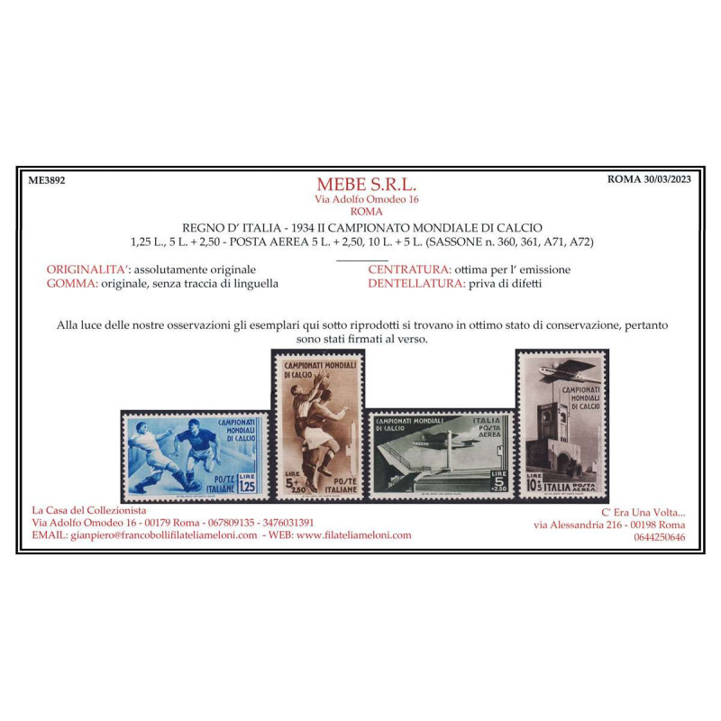 REGNO D' ITALIA 1934 CAMPIONATI MONDIALI DI CALCIO 9 V. G.I MNH** C...