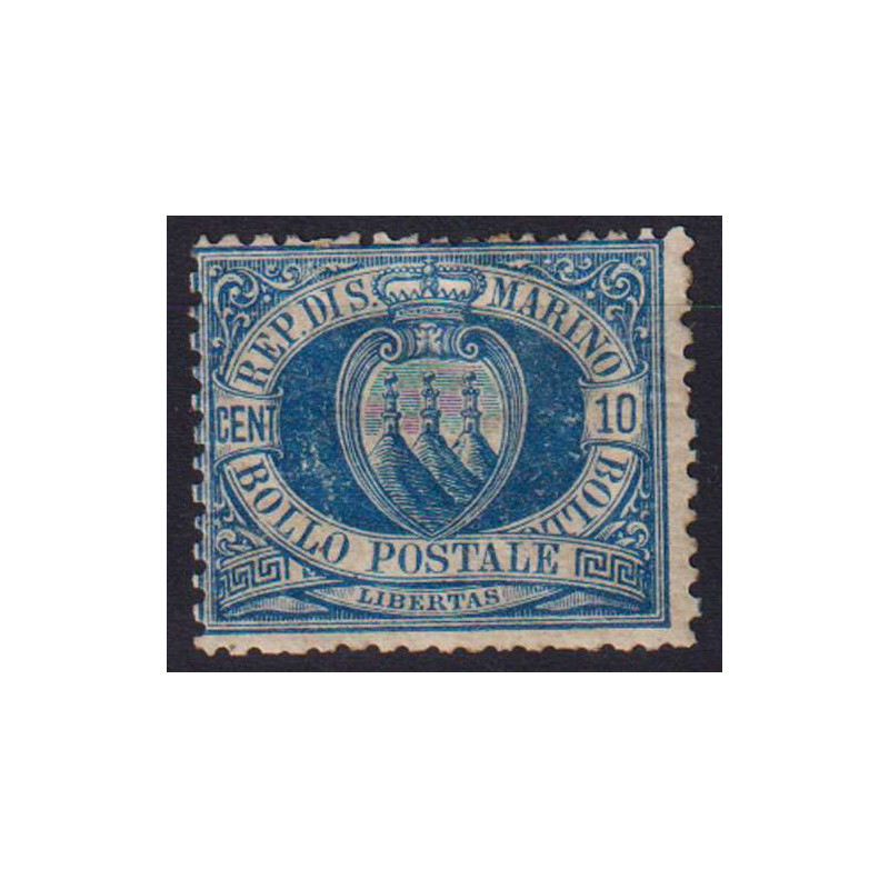 SAN MARINO 1877-90 CIFRA 10 CENTESIMI AZZURRO N.3A G.O MH*  | Filat...