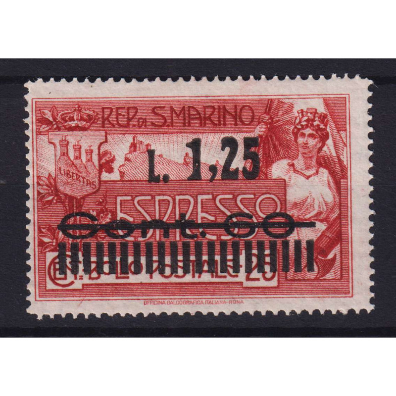 SAN MARINO 1927 ESPRESSO 1,25 LIRE SU 60 CENT. SU 25 C. N.6 G.O MH*...