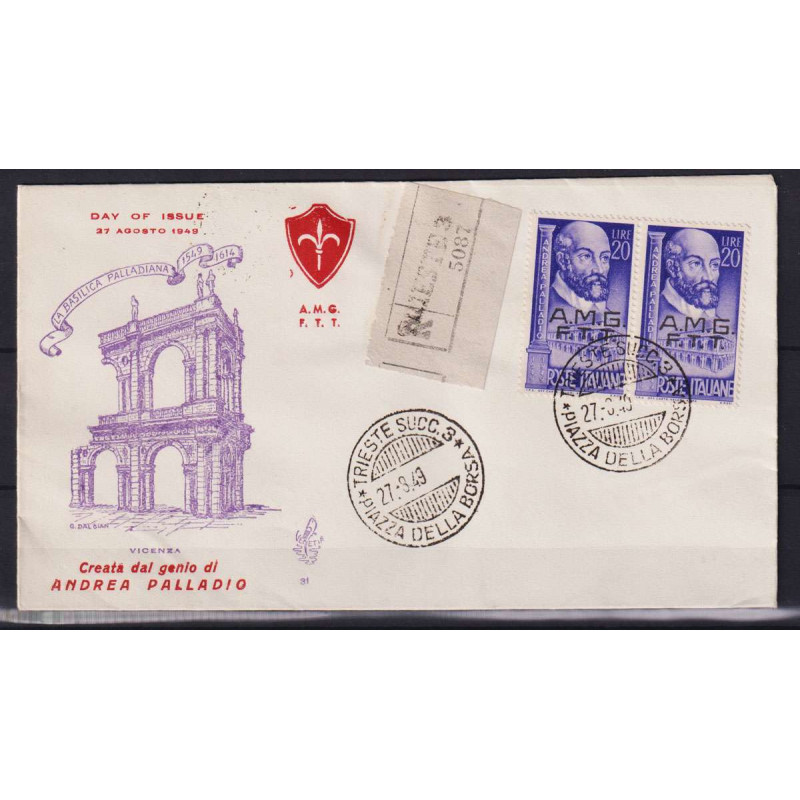 TRIESTE ZONA A 1949 COPPIA PALLADIO USATI SU BUSTA FDC VENEZIA VIAG...