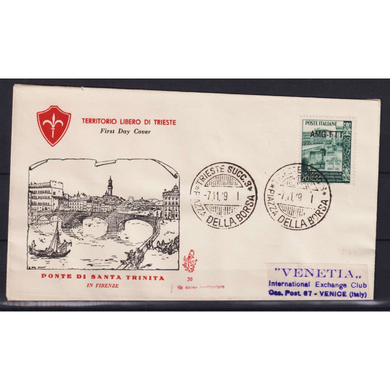 TRIESTE ZONA A 1949 PONTE S. TRINITA' USATO SU BUSTA FDC VENEZIA  |...