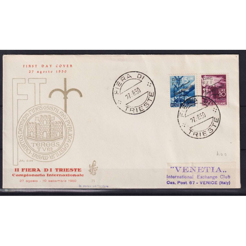 TRIESTE ZONA A 1950 FIERA DI TRIESTE 2 V. USATO SU BUSTA FDC VENEZI...