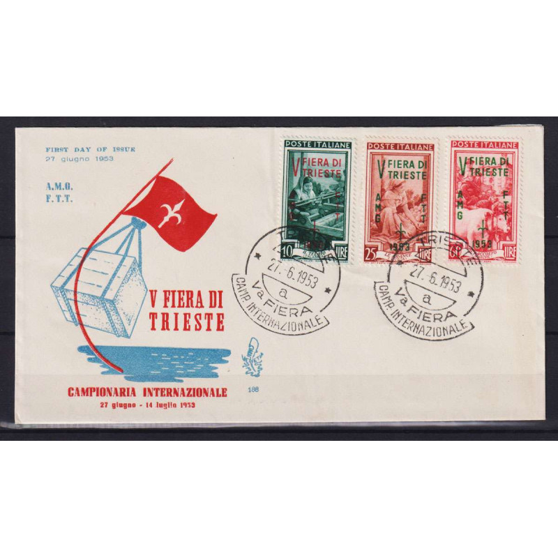 TRIESTE ZONA A 1953 FIERA DI TRIESTE 3 V. USATO SU BUSTA FDC VENEZI...