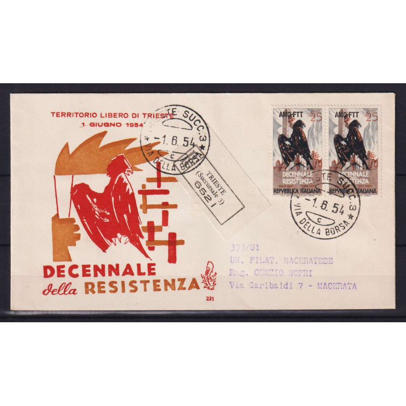 TRIESTE ZONA A 1954 COPPIA RESISTENZA 2 V. SU BUSTA FDC VENEZIA VIA...