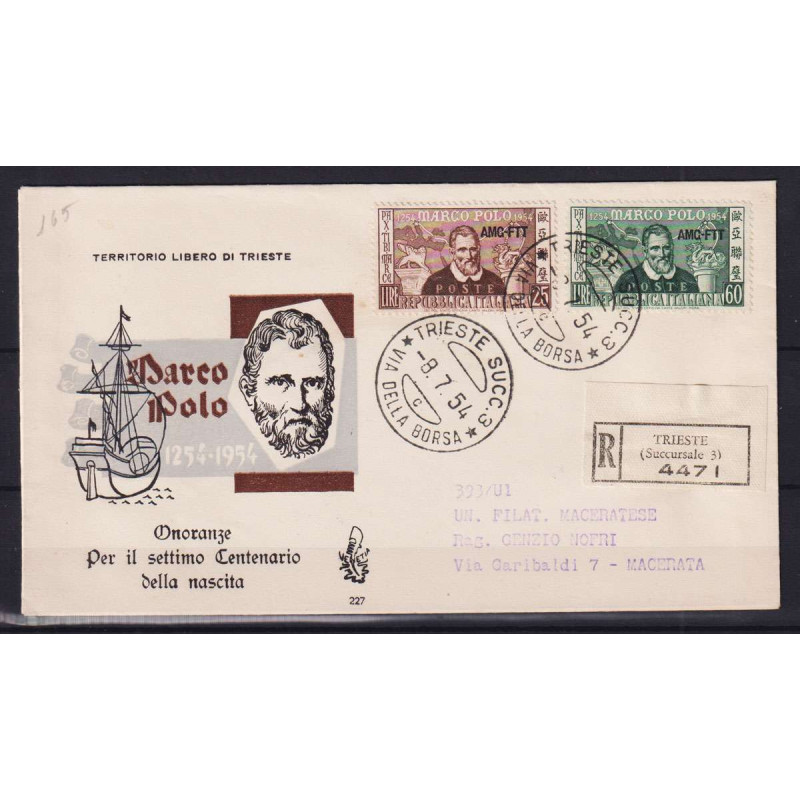 TRIESTE ZONA A 1954 MARCO POLO 2 V. SU BUSTA FDC VENEZIA VIAGGIATA ...