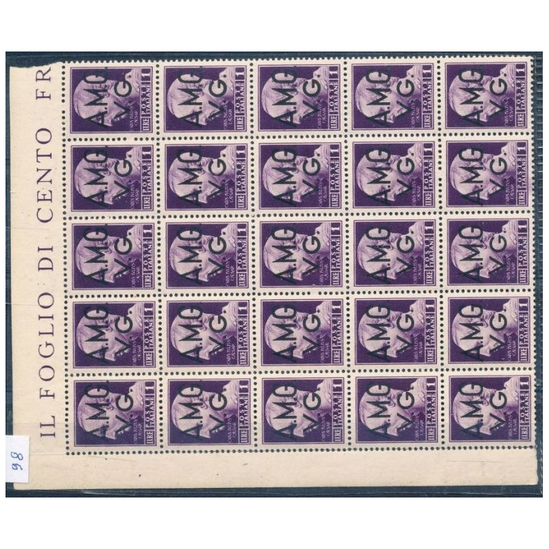 1945-47 TRIESTE A.M.G. V.G. 1 L. VIOLETTO CON DECALCO n.8p FOGLIO D...