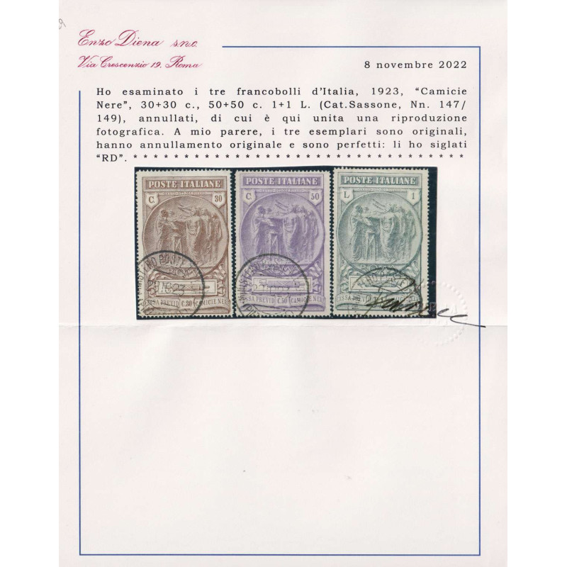 REGNO 1923 CAMICIE NERE 3 V. USATI ORIGINALI CERT.  | Filatelia Meloni