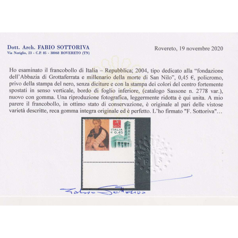 REPUBBLICA 2004 MORTE SAN NILO VARIETA' G.I MNH** CERT.  | Filateli...