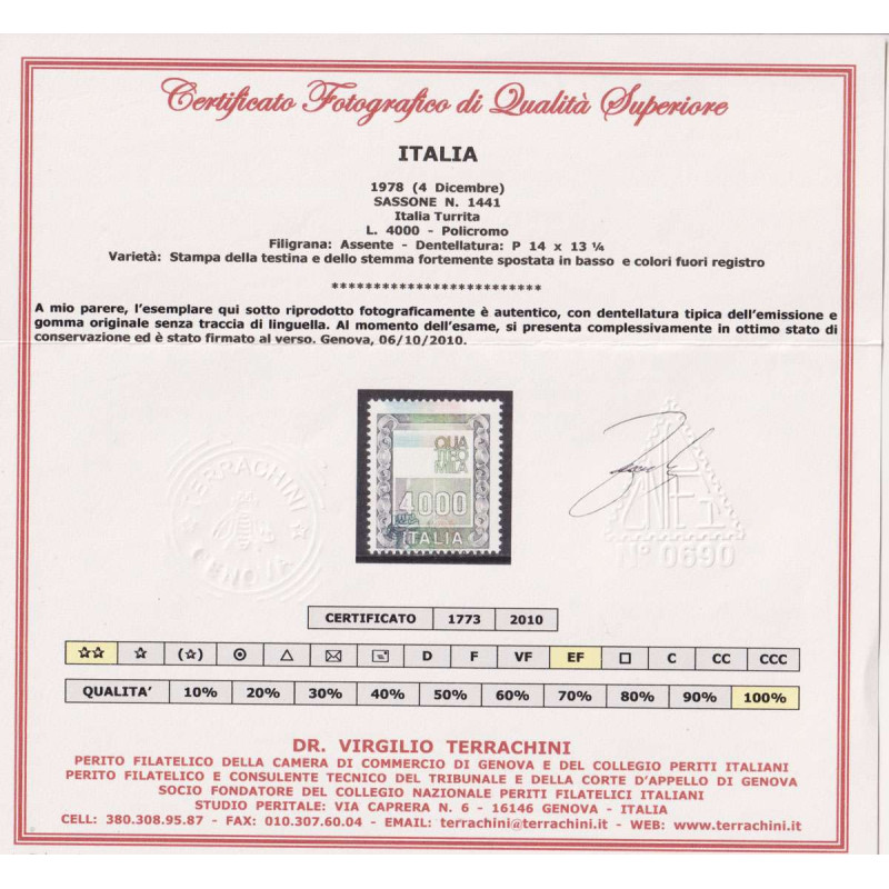 REPUBBLICA 1978 ALTI VALORI 4000 LIRE VARIETA' G.I MNH** CERT.  | F...