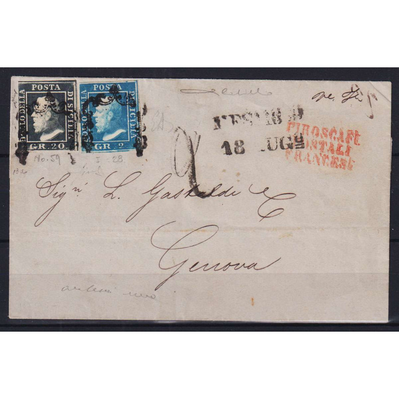 SICILIA 1859 2 GRANA + 20 GRANA PIROSCAFI SU BUSTA CERT.  | Filatel...