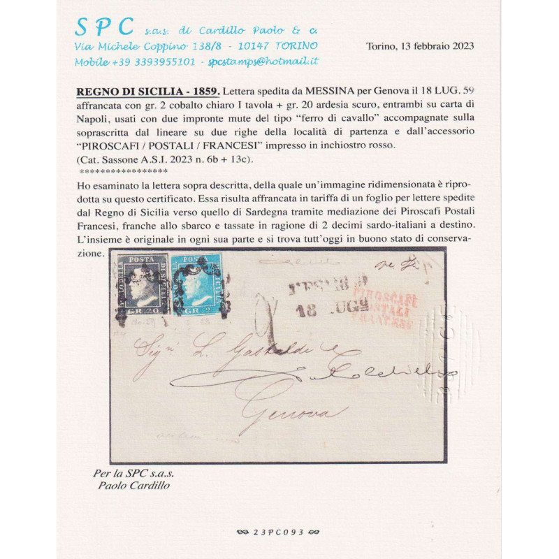 SICILIA 1859 2 GRANA + 20 GRANA PIROSCAFI SU BUSTA CERT.  | Filatel...