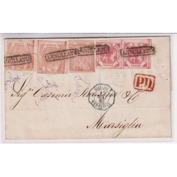 NAPOLI 1858 MISTA 2 + 5 + 10 GRANA N.7d,9a,11 USATI SU BUSTA PER MA...