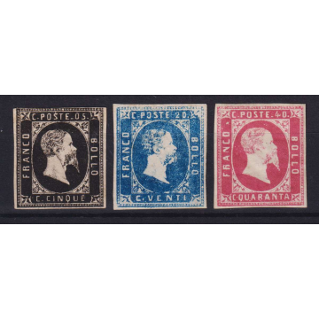 SARDEGNA 1851 SERIE COMPLETA 3 V. N.1-3 G.O MLH* CERT. BOLAFFI E EN...