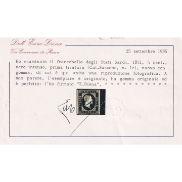 SARDEGNA 1851 SERIE COMPLETA 3 V. N.1-3 G.O MLH* CERT. BOLAFFI E EN...