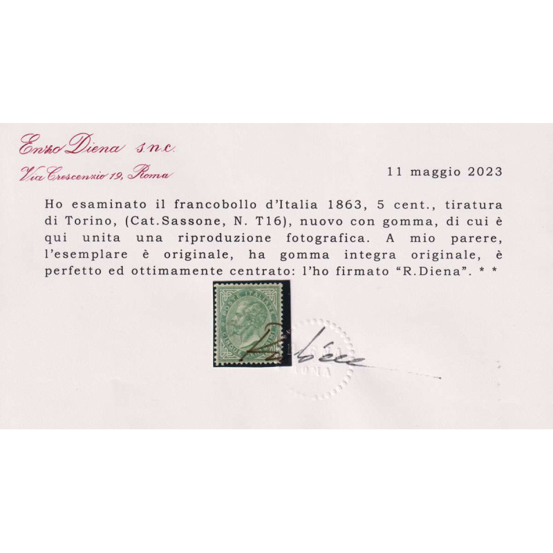 REGNO 1863 5 CENTESIMI TORINO N.T16 G.I MNH** CERT. CENTRATO  | Fil...