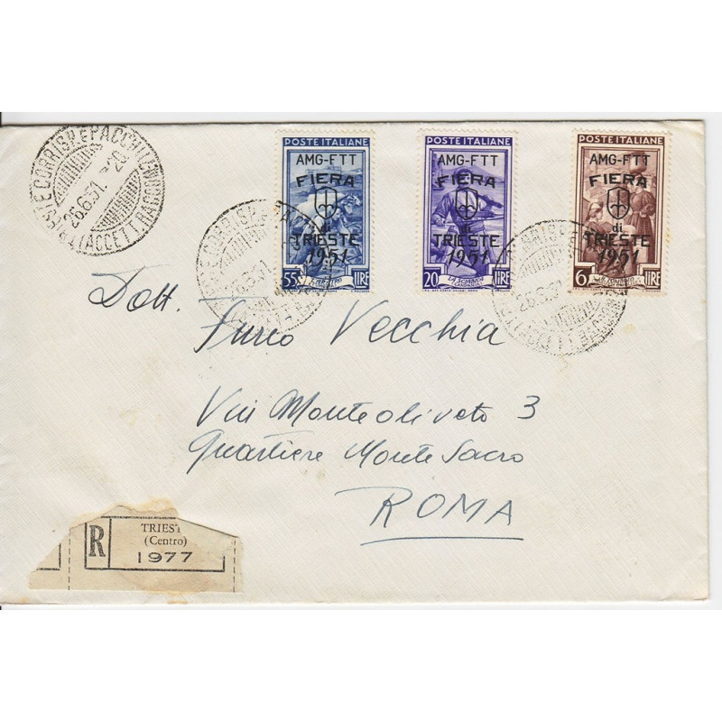 1951 TRIESTE "A" FIERA DI TRIESTE 3 V. S.20 SU BUSTA VIAGGIATA  | F...