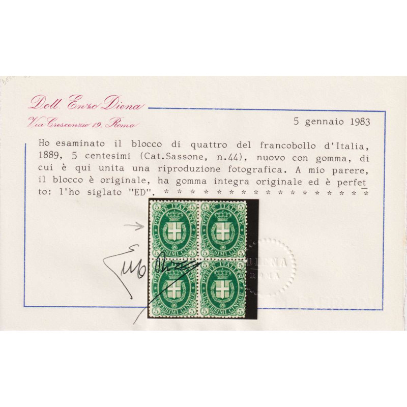 REGNO 1889 UMBERTO I 5 CENTESIMI N.44 G.I MNH** CENTRATO 2 CERT.  |...