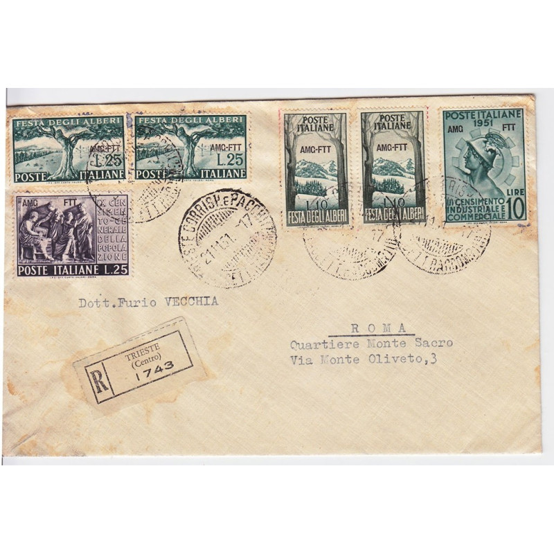 1951 TRIESTE "A" CENSIMENTO 2 V. S.23 +2X S.25 FDC SU BUSTA VIAGGIA...