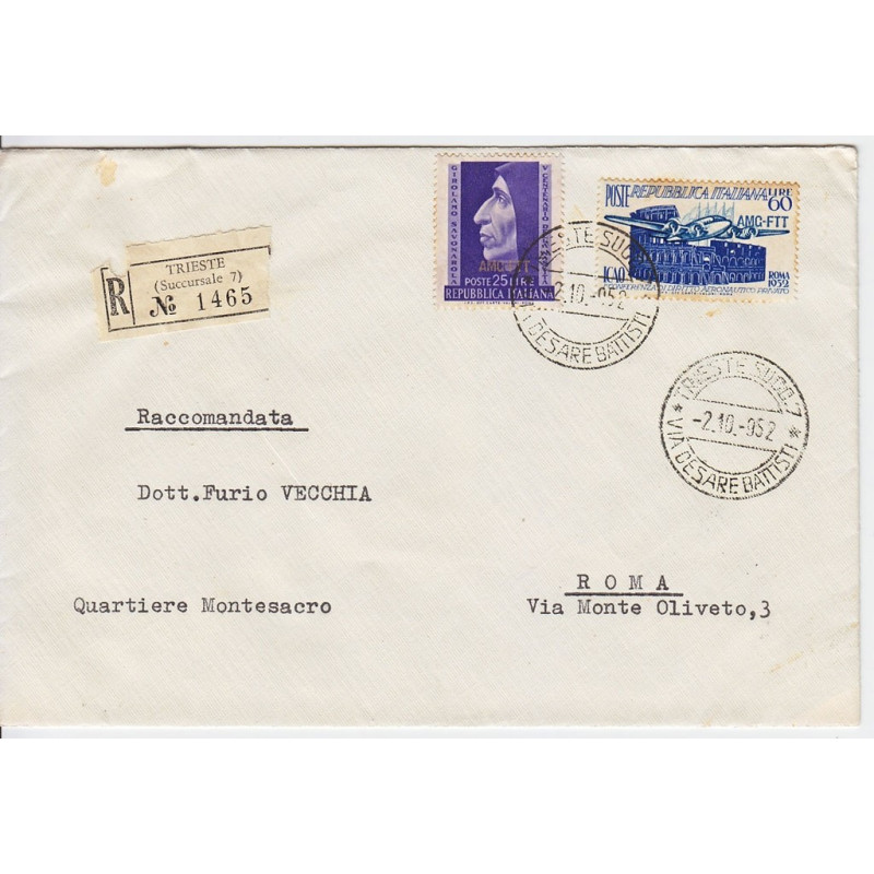 1952 TRIESTE "A" ICAO 60 L. n.155 + SAVONAROLA n.154 SU BUSTA VIAGG...