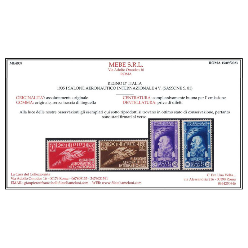 REGNO 1935 SALONE AEREONAUTICO 5 V. G.I MNH** CERT.  | Filatelia Me...