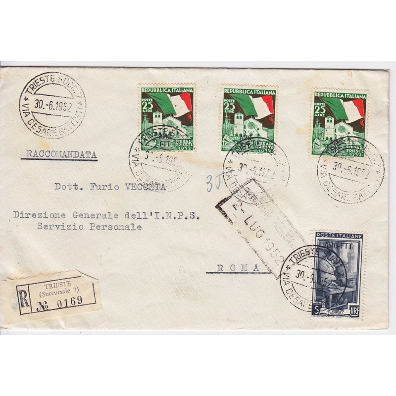 1952 TRIESTE "A" IV FIERA TRIESTE 3X 25 L. n.152 SU BUSTA VIAGGIATA...